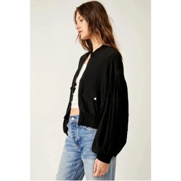 FREE PEOPLE On Pointe Bomber Jacket Lightweight Puff Balloon Sleeve Black - Picture 4 of 11